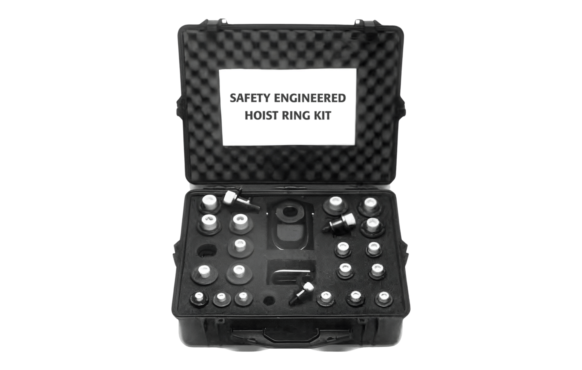a safety engineered hoist ring kit in a case