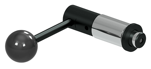 a black and silver object with a black handle on a white background