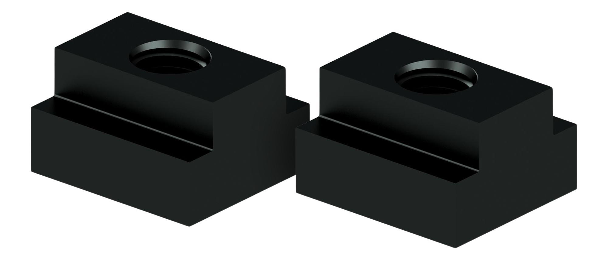 two black t-slot nuts with holes in them on a white background
