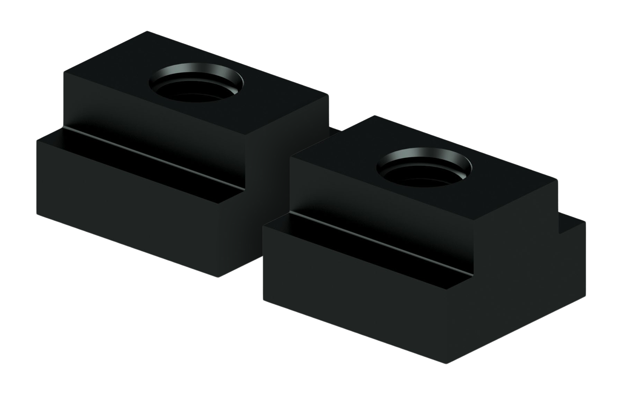 two black t-slot nuts on a white background
