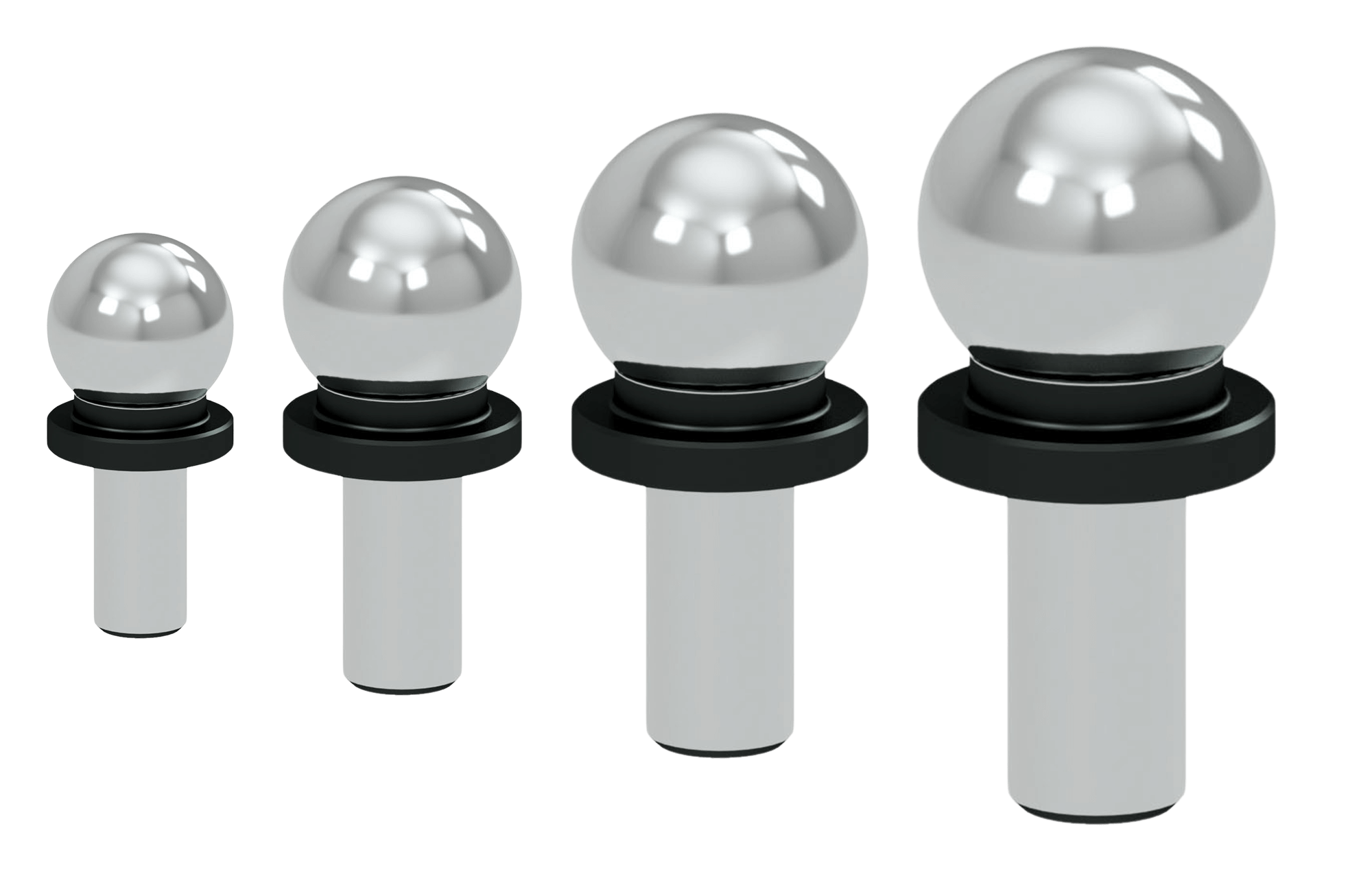 four different sizes of metal tooling balls on a white background