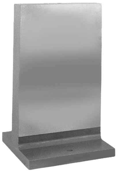 a gray metal block with a black base on a white background