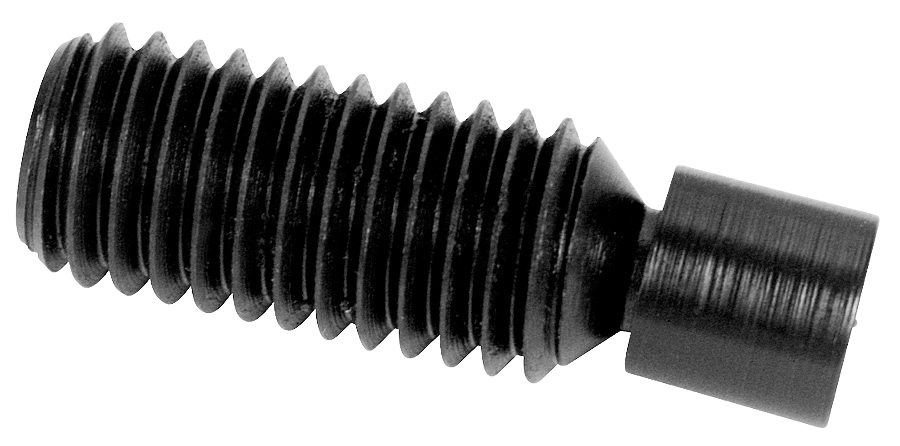 a close up of a black screw on a white background