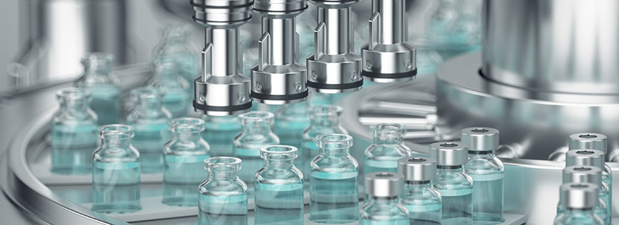 3d render. Pharmaceutical manufacture background with glass bottles with clear liquid on automatic conveyor line. COVID-19 mRNA vaccine production platform.