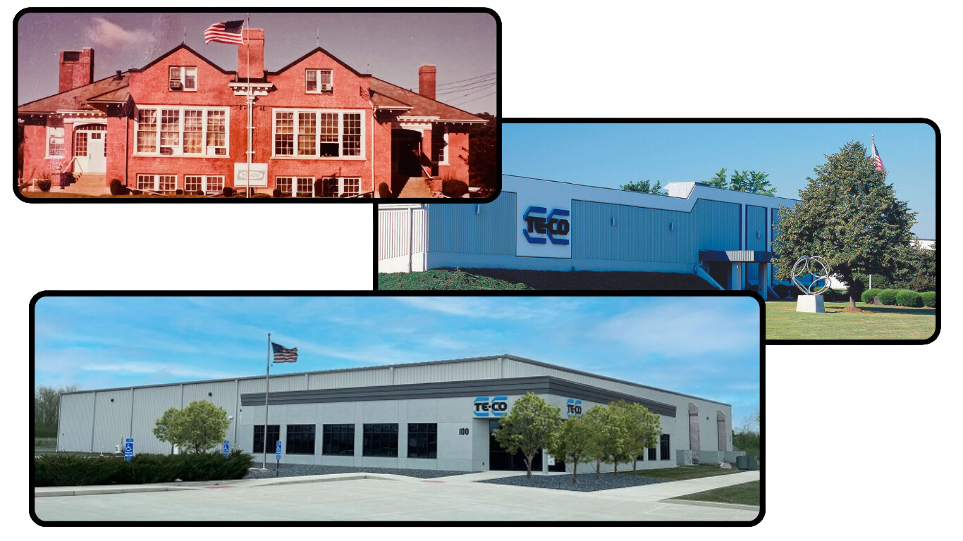 three pictures of TE_CO buildings are shown in a collage