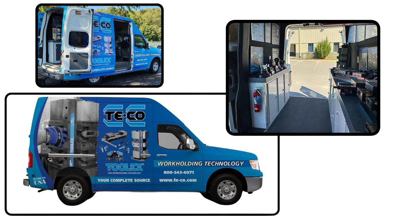 a blue TE-CO van is parked in a parking lot
