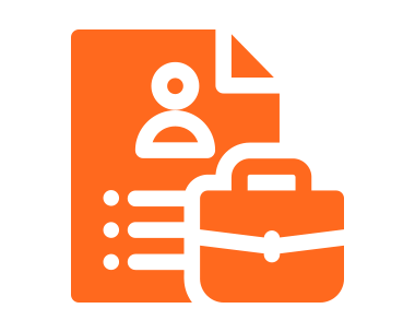 an orange and white icon with a briefcase and a list